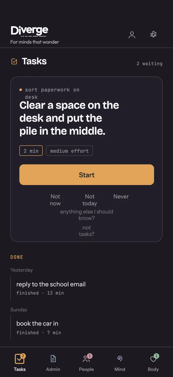 The Tasks screen: one action card reading “clear a space on the desk and put the pile in the middle”, marked two minutes and medium effort, with not now, not today and never underneath.